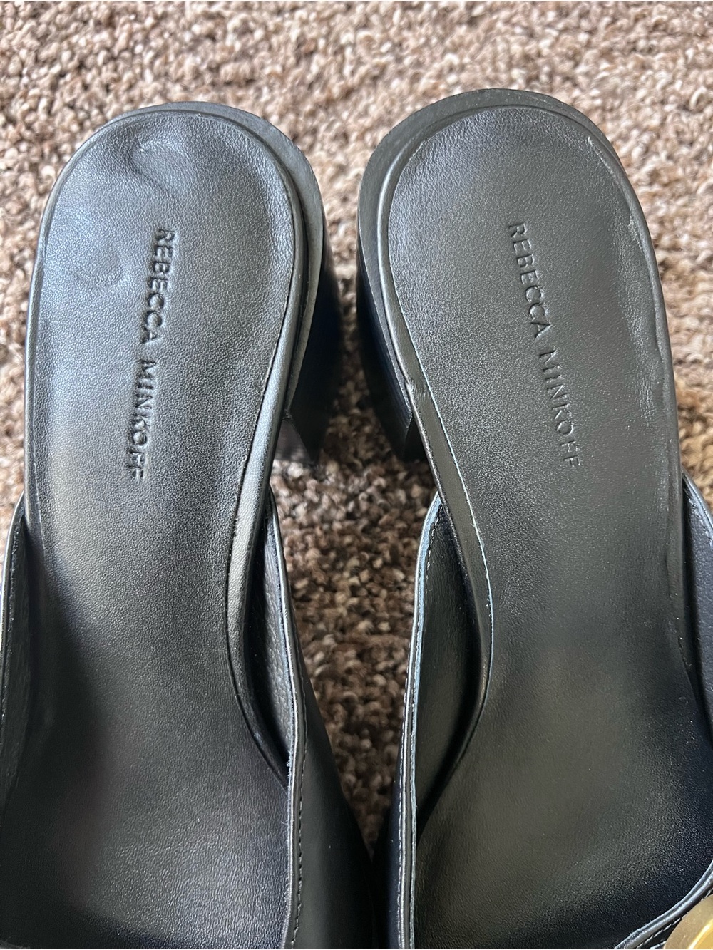 Rebecca Minkoff Black Leather Slide Mules with Gold Buckle - Picture 3 of 3